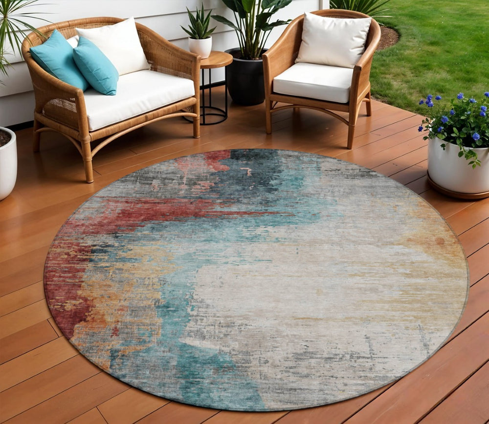 HomeRoots 8' Round Abstract Area Rug in Teal Blue, Mauve & Beige - Stylish, Washable, Indoor/Outdoor Use! 630023