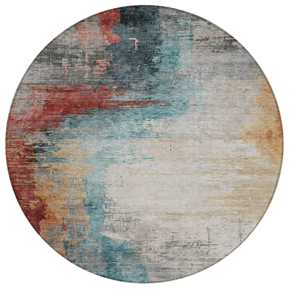 HomeRoots 8' Round Abstract Area Rug in Teal Blue, Mauve & Beige - Stylish, Washable, Indoor/Outdoor Use! 630023