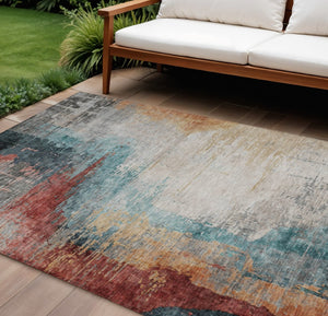 HomeRoots 8' X 10' Washable Indoor Outdoor Area Rug in Teal, Blue, Mauve & Beige - Modern Abstract Design! 630024