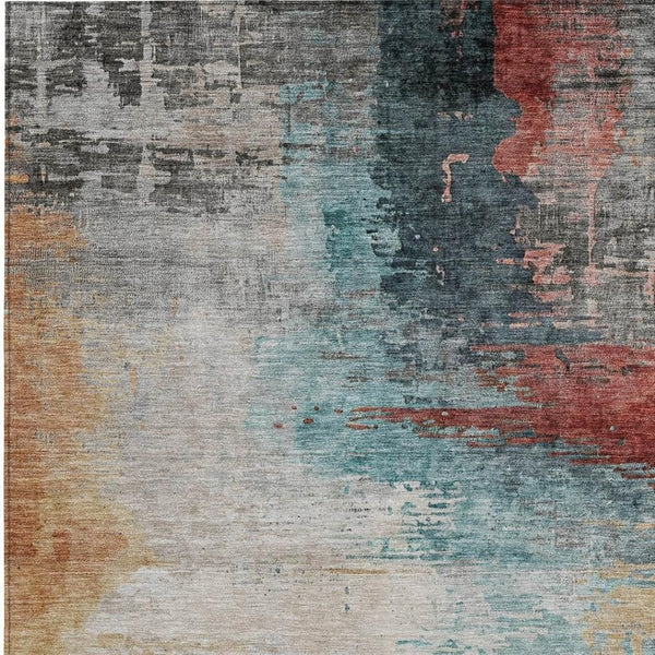 HomeRoots 9' X 12' Abstract Area Rug in Teal Blue, Mauve & Beige - Machine Washable for Indoor/Outdoor Use 630025