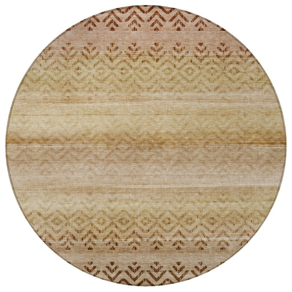 HomeRoots 8' Beige and Brown Round Geometric Area Rug - Washable, Durable, Stylish for Indoor & Outdoor Use 630029