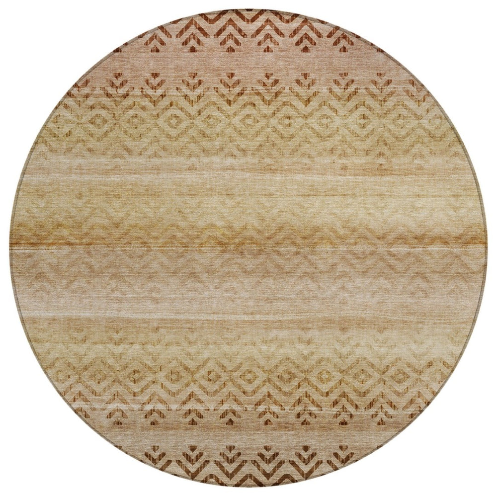 HomeRoots 8' Beige and Brown Round Geometric Area Rug - Washable, Durable, Stylish for Indoor & Outdoor Use 630029
