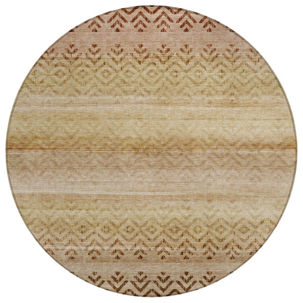 HomeRoots 8' Beige and Brown Round Geometric Area Rug - Washable, Durable, Stylish for Indoor & Outdoor Use 630029