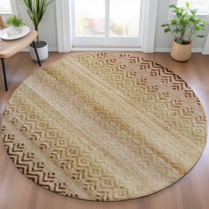 HomeRoots 8' Beige and Brown Round Geometric Area Rug - Washable, Durable, Stylish for Indoor & Outdoor Use 630029