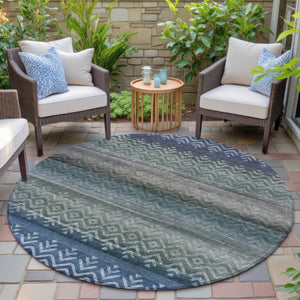 HomeRoots 8' Round Geometric Blue and Gray Indoor Outdoor Area Rug - Stylish, Washable, Durable, Versatile Design 630035