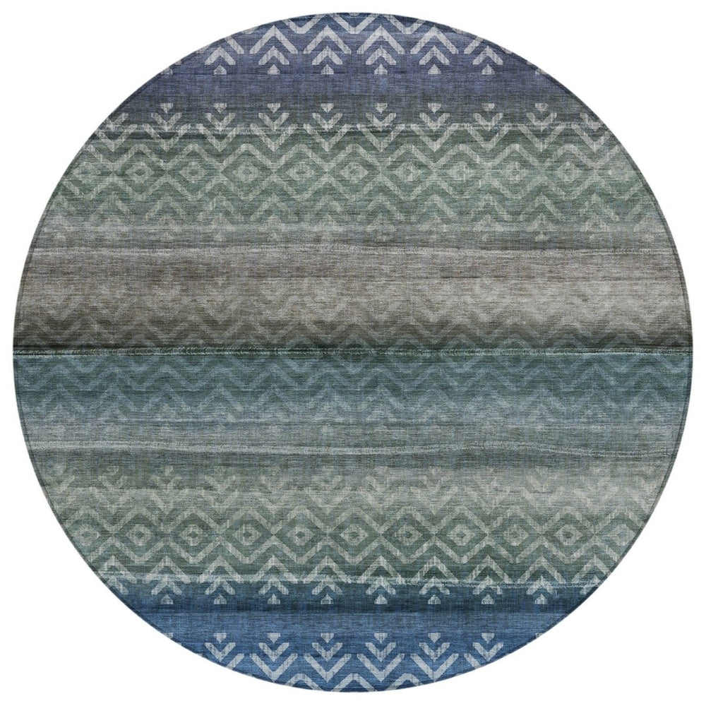 HomeRoots 8' Round Geometric Blue and Gray Indoor Outdoor Area Rug - Stylish, Washable, Durable, Versatile Design 630035