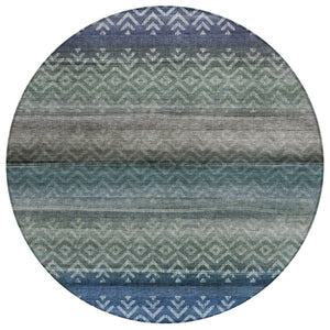 HomeRoots 8' Round Geometric Blue and Gray Indoor Outdoor Area Rug - Stylish, Washable, Durable, Versatile Design 630035