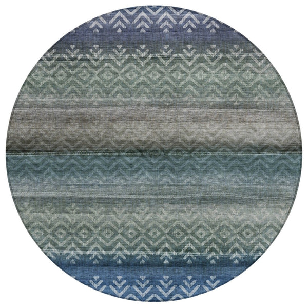 HomeRoots 8' Round Geometric Blue and Gray Indoor Outdoor Area Rug - Stylish, Washable, Durable, Versatile Design 630035