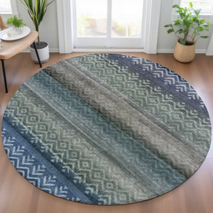 HomeRoots 8' Round Geometric Blue and Gray Indoor Outdoor Area Rug - Stylish, Washable, Durable, Versatile Design 630035