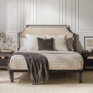 English Elm Walker Edison - Traditional Tan Upholstered Metal Queen Bedframe with Curved Corners, Removable Insert, Fire‑Resistant Fabric, Powder-Coated Steel B185P169172