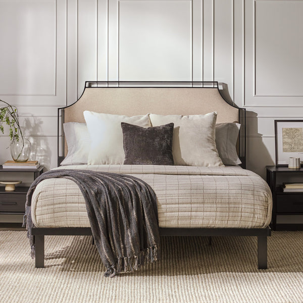 English Elm Walker Edison - Traditional Tan Upholstered Metal Queen Bedframe with Curved Corners, Removable Insert, Fire‑Resistant Fabric, Powder-Coated Steel B185P169172