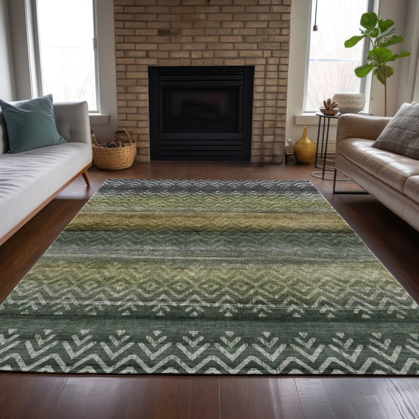 HomeRoots 5' X 8' Geometric Washable Area Rug in Green and Gold – Durable, Stylish for Indoor & Outdoor Use! 630040