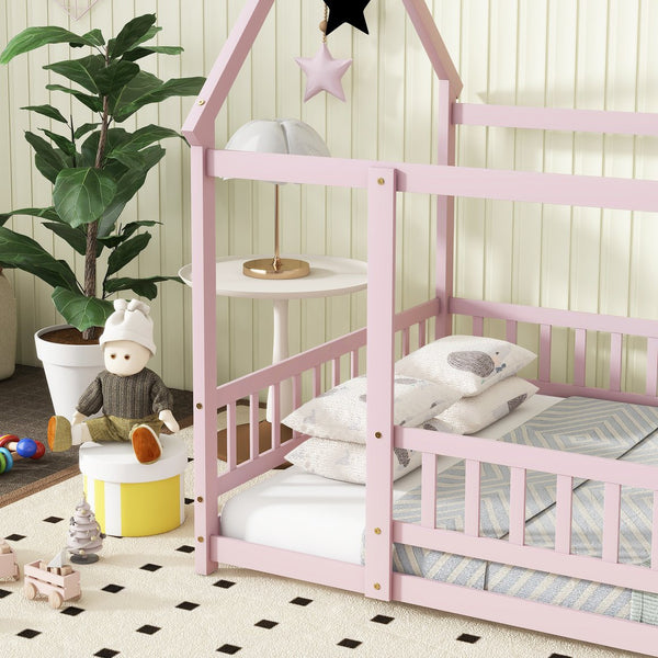 English Elm Full Size House Floor Bed With Roof Frame & Guardrails - Cozy Pink Wooden Design For Kids W504P286410