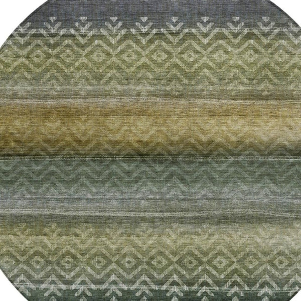 HomeRoots 8' Green and Gold Round Geometric Indoor Outdoor Area Rug - Washable, Durable, Stylish & Versatile 630041