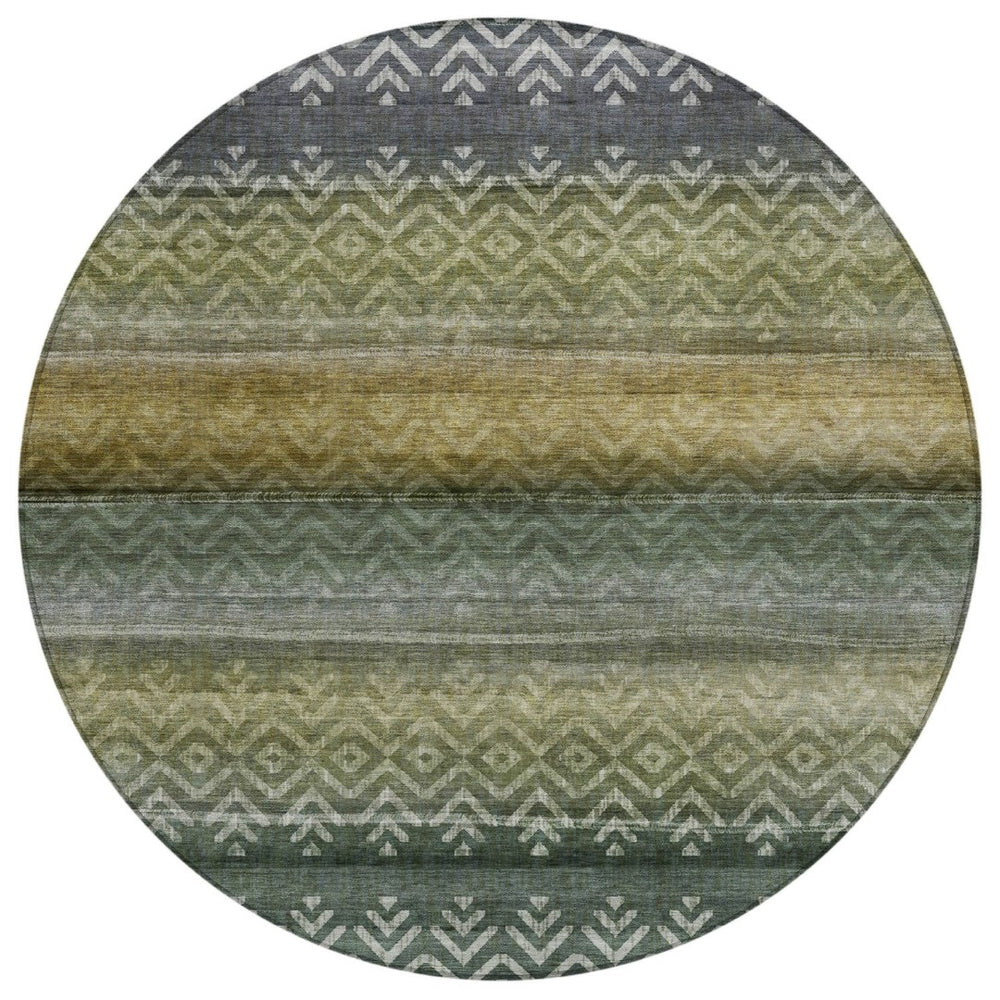 HomeRoots 8' Green and Gold Round Geometric Indoor Outdoor Area Rug - Washable, Durable, Stylish & Versatile 630041