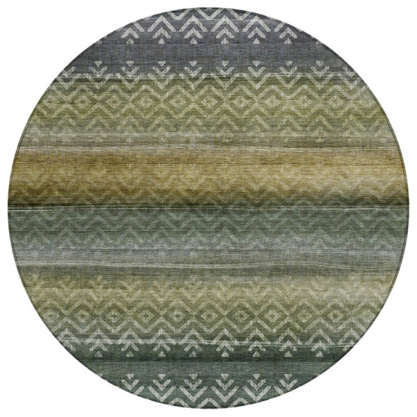 HomeRoots 8' Green and Gold Round Geometric Indoor Outdoor Area Rug - Washable, Durable, Stylish & Versatile 630041