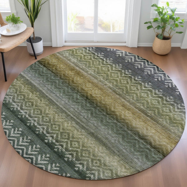 HomeRoots 8' Green and Gold Round Geometric Indoor Outdoor Area Rug - Washable, Durable, Stylish & Versatile 630041