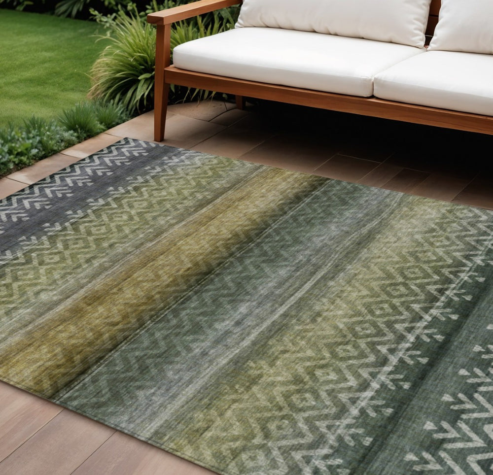 HomeRoots 10' Green and Gold Geometric Washable Area Rug for Indoor/Outdoor Use – Stylish & Durable Design! 630044