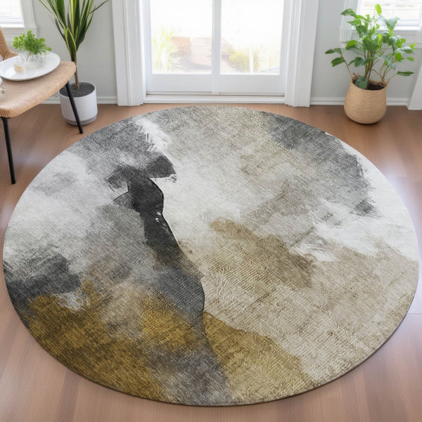 HomeRoots 8' Brown and Charcoal Abstract Round Indoor Outdoor Area Rug - Durable, Washable, Modern Design! 630059
