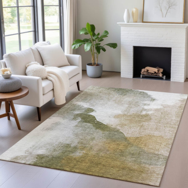 HomeRoots 5' Stylish Green and Gold Abstract Area Rug - Washable, Durable, Indoor/Outdoor Versatility for Any Space 630064