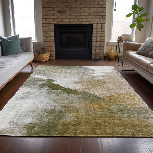 HomeRoots 5' Stylish Green and Gold Abstract Area Rug - Washable, Durable, Indoor/Outdoor Versatility for Any Space 630064