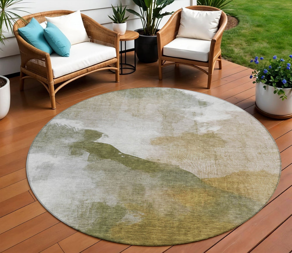 HomeRoots 8' Green and Gold Round Abstract Area Rug - Durable, Washable, Indoor-Outdoor Design for All Spaces 630065