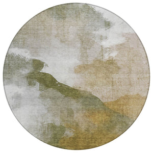 HomeRoots 8' Green and Gold Round Abstract Area Rug - Durable, Washable, Indoor-Outdoor Design for All Spaces 630065