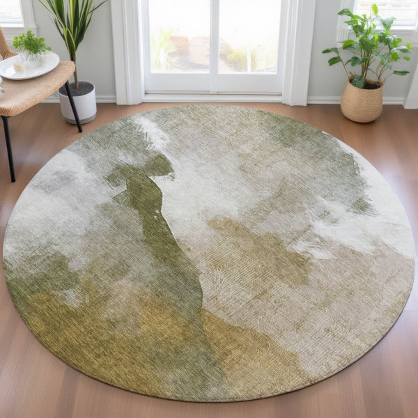HomeRoots 8' Green and Gold Round Abstract Area Rug - Durable, Washable, Indoor-Outdoor Design for All Spaces 630065