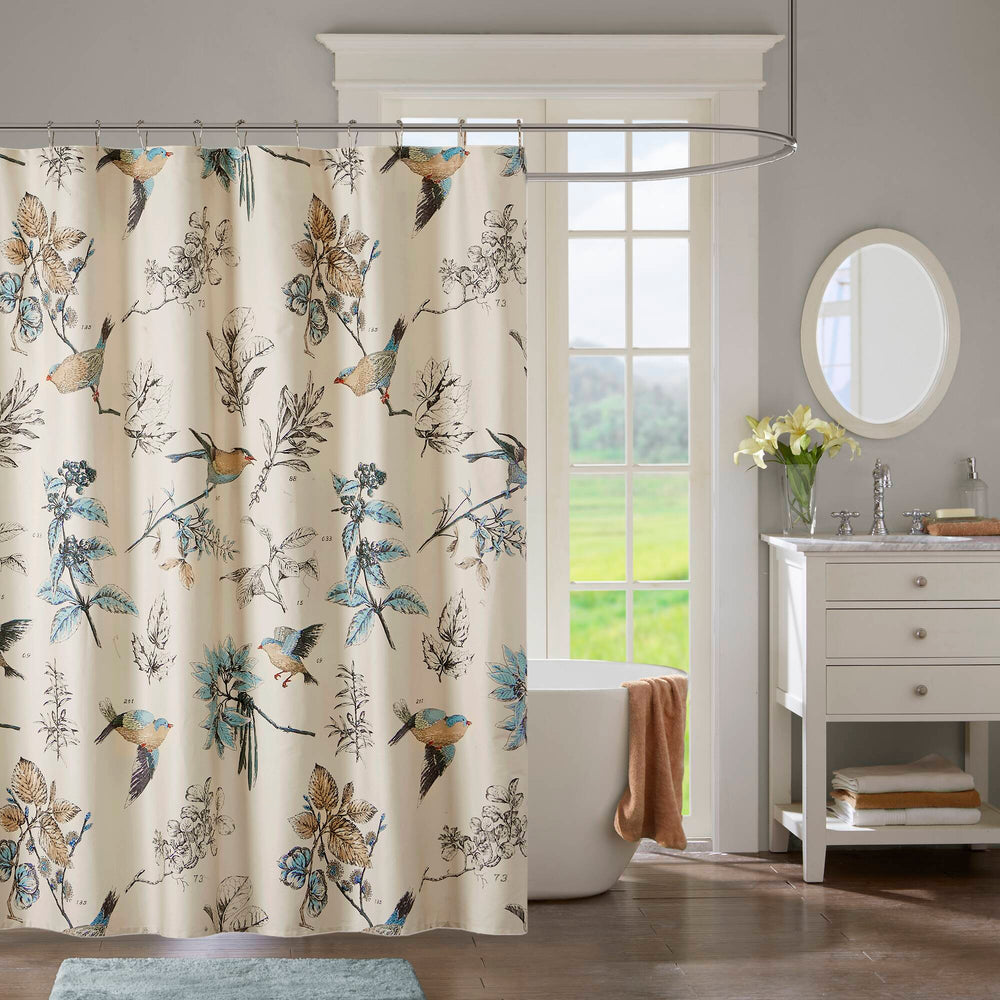 JLA Home Madison Park - Printed Cotton Twill Shower Curtain with Floral & Bird Motif on Khaki — Soft, Durable, Machine Washable MP70-4246