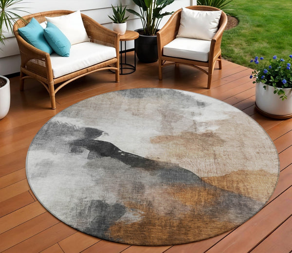 HomeRoots 8' Round Abstract Washable Area Rug in Rust and Charcoal – Stylish, Durable, Indoor/Outdoor Essential 630071