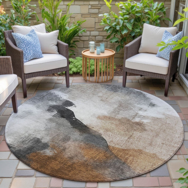HomeRoots 8' Round Abstract Washable Area Rug in Rust and Charcoal – Stylish, Durable, Indoor/Outdoor Essential 630071