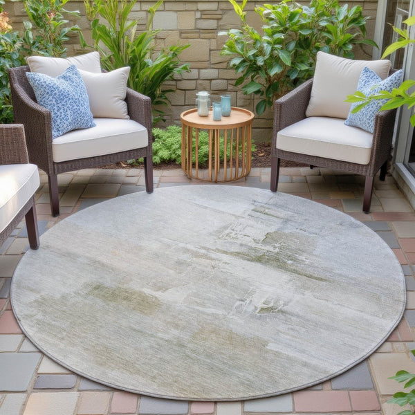 HomeRoots 8' Round Abstract Area Rug in Linen & Gray - Stylish, Washable, Durable for Indoor & Outdoor Use 630077