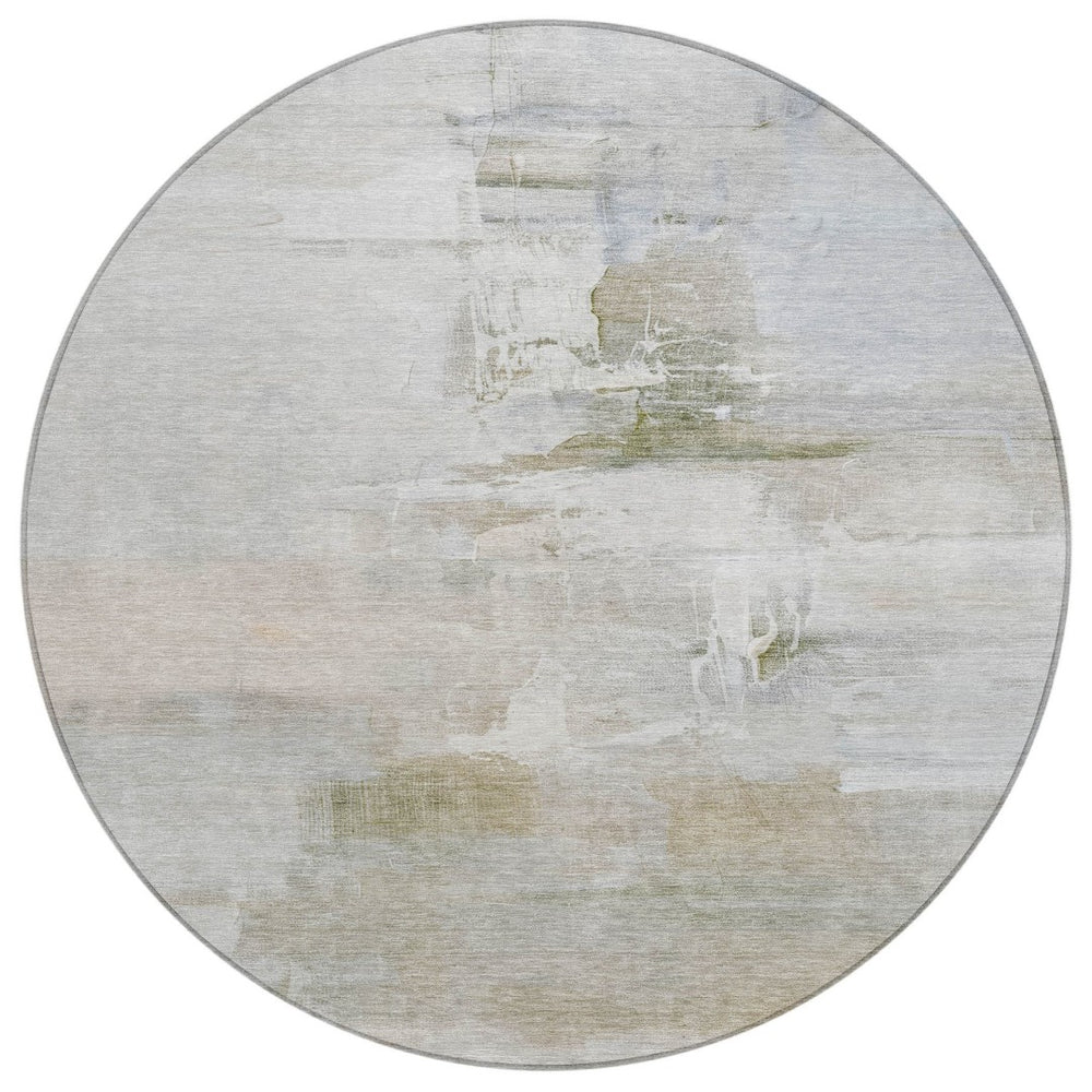 HomeRoots 8' Round Abstract Area Rug in Linen & Gray - Stylish, Washable, Durable for Indoor & Outdoor Use 630077