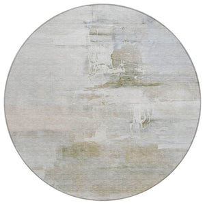 HomeRoots 8' Round Abstract Area Rug in Linen & Gray - Stylish, Washable, Durable for Indoor & Outdoor Use 630077