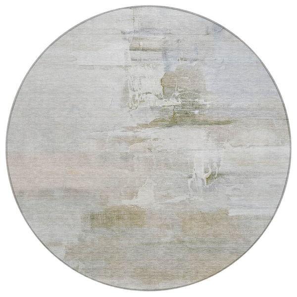 HomeRoots 8' Round Abstract Area Rug in Linen & Gray - Stylish, Washable, Durable for Indoor & Outdoor Use 630077