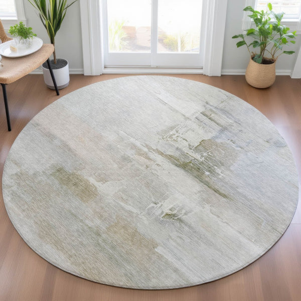 HomeRoots 8' Round Abstract Area Rug in Linen & Gray - Stylish, Washable, Durable for Indoor & Outdoor Use 630077