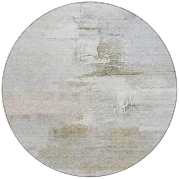 HomeRoots 8' Round Abstract Area Rug in Linen & Gray - Stylish, Washable, Durable for Indoor & Outdoor Use 630077
