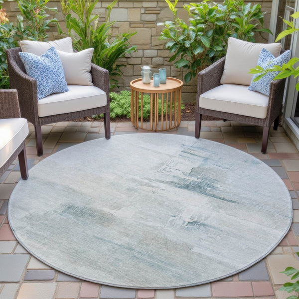 HomeRoots 8' Sky Blue and Gray Round Abstract Rug – Durable, Washable Indoor/Outdoor Area Rug for Modern Spaces 630083