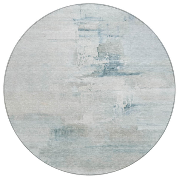 HomeRoots 8' Sky Blue and Gray Round Abstract Rug – Durable, Washable Indoor/Outdoor Area Rug for Modern Spaces 630083