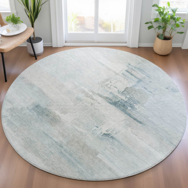 HomeRoots 8' Sky Blue and Gray Round Abstract Rug – Durable, Washable Indoor/Outdoor Area Rug for Modern Spaces 630083