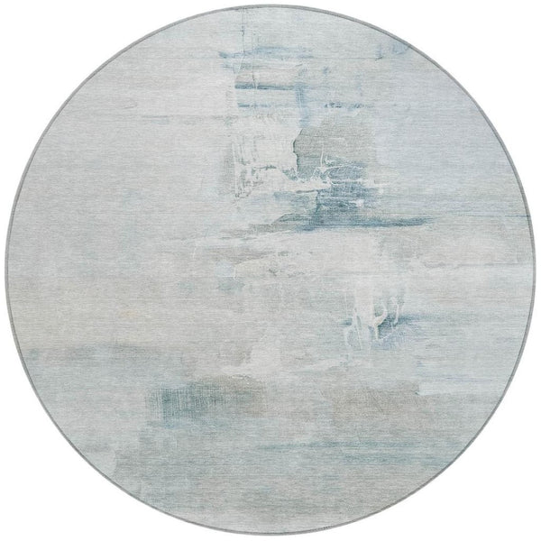 HomeRoots 8' Sky Blue and Gray Round Abstract Rug – Durable, Washable Indoor/Outdoor Area Rug for Modern Spaces 630083