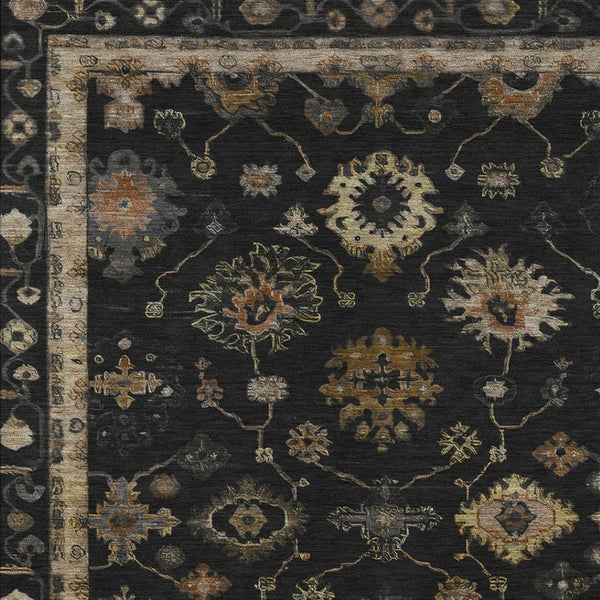HomeRoots 5' Elegant Black and Gold Floral Area Rug - Washable, Durable, Indoor/Outdoor Versatility for Every Home 630088
