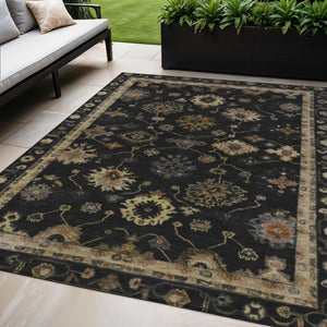 HomeRoots 5' Elegant Black and Gold Floral Area Rug - Washable, Durable, Indoor/Outdoor Versatility for Every Home 630088