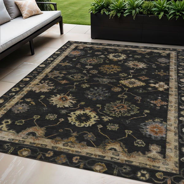 HomeRoots 5' Elegant Black and Gold Floral Area Rug - Washable, Durable, Indoor/Outdoor Versatility for Every Home 630088