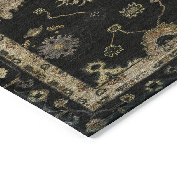 HomeRoots 5' Elegant Black and Gold Floral Area Rug - Washable, Durable, Indoor/Outdoor Versatility for Every Home 630088