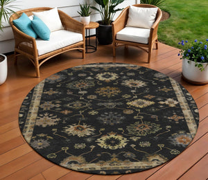 HomeRoots 8' Black and Gold Round Floral Area Rug - Washable, Durable, Stylish for Indoor and Outdoor Use 630089