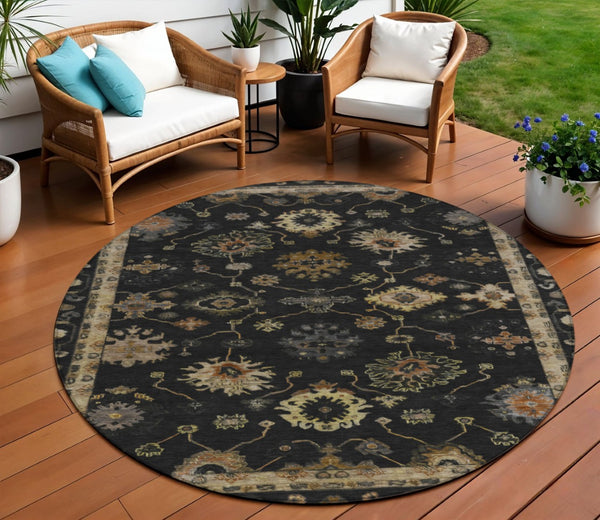 HomeRoots 8' Black and Gold Round Floral Area Rug - Washable, Durable, Stylish for Indoor and Outdoor Use 630089