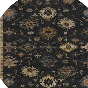 HomeRoots 8' Black and Gold Round Floral Area Rug - Washable, Durable, Stylish for Indoor and Outdoor Use 630089
