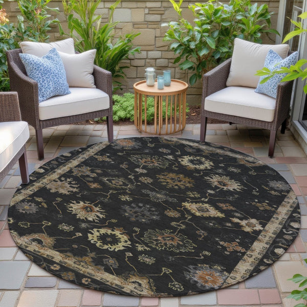 HomeRoots 8' Black and Gold Round Floral Area Rug - Washable, Durable, Stylish for Indoor and Outdoor Use 630089