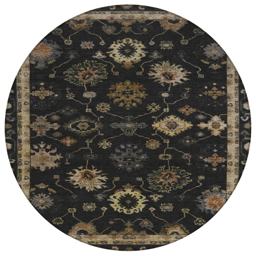 HomeRoots 8' Black and Gold Round Floral Area Rug - Washable, Durable, Stylish for Indoor and Outdoor Use 630089